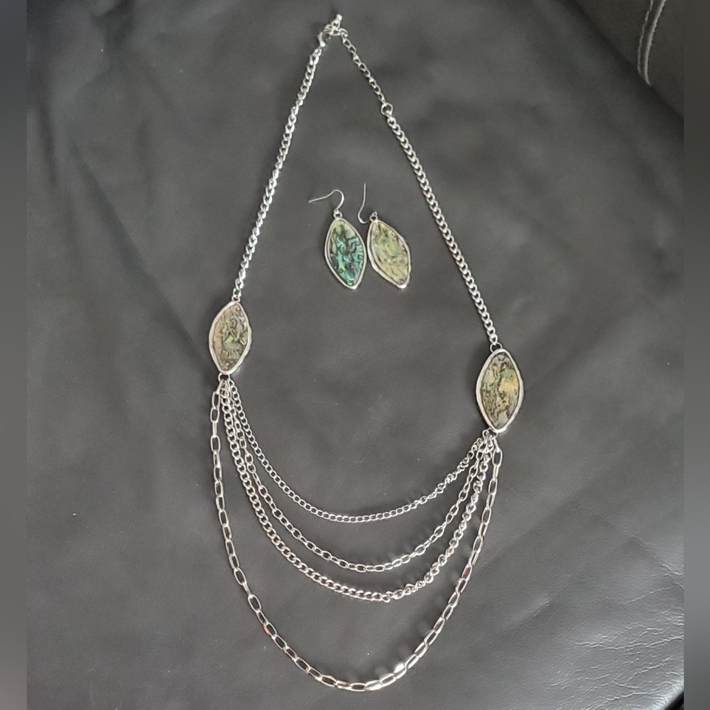 ABALONE Pierced EARRINGS & NECKLACE SET Mother Of Pearl